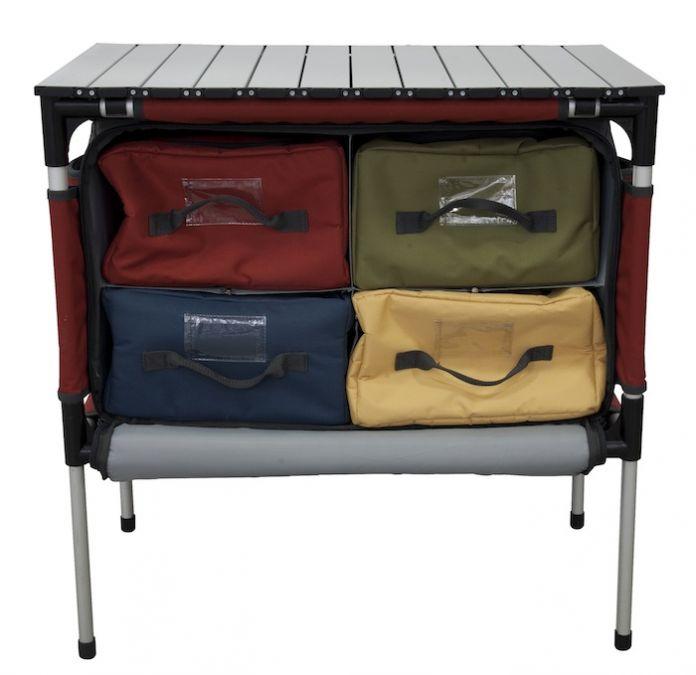 Chattanooga Camp Chef Mountain Series Sherpa table organizer, portable outdoor storage table with multiple compartments and sturdy design.