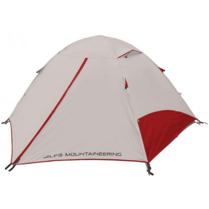 Chattanooga Alps Mountaineering Taurus 2-person polyester and fiberglass camping tent set up outdoors with rainfly and mesh windows