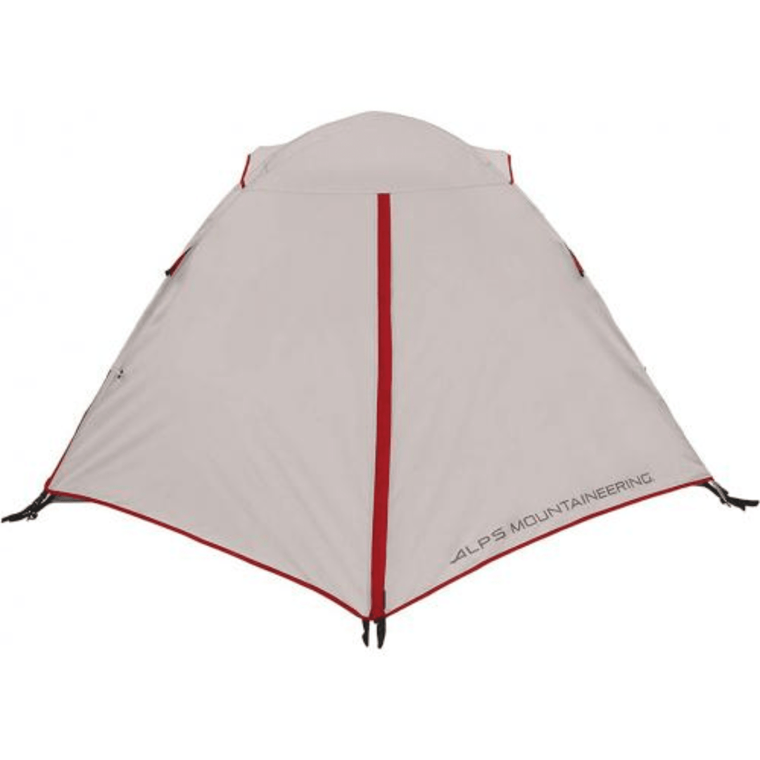 Chattanooga Alps Mountaineering Taurus 4-person polyester and fiberglass camping tent set up outdoors with rainfly and mesh windows