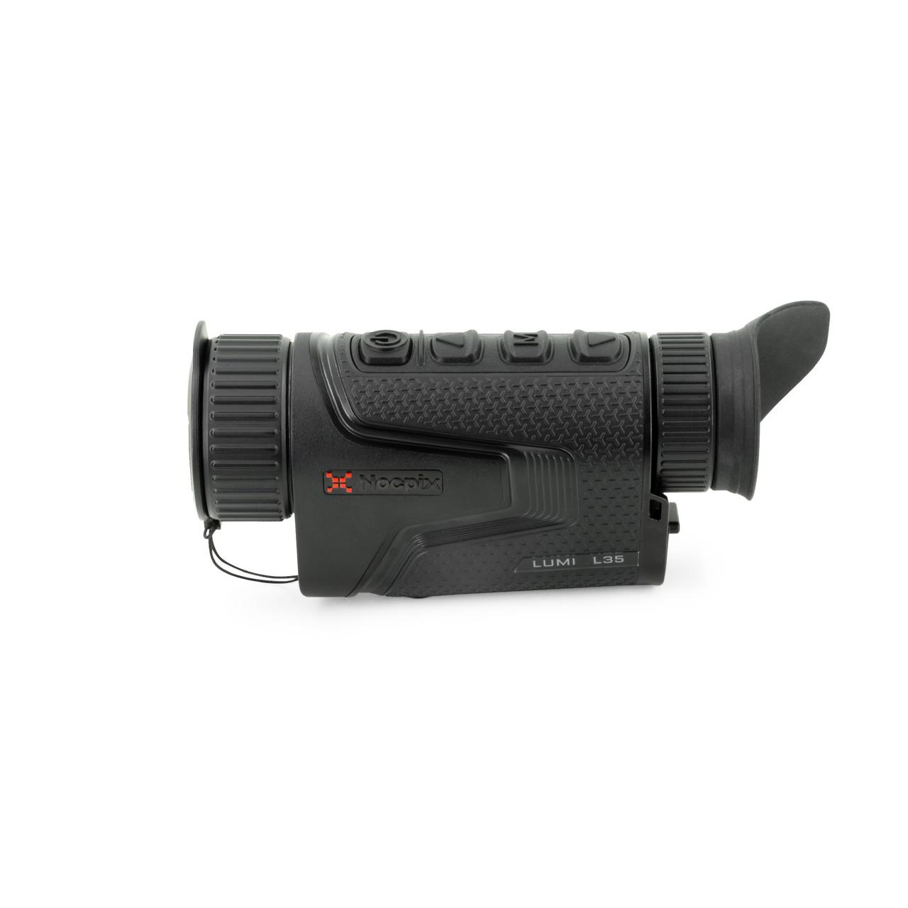 Chattanooga Nocpix LUMI 640 thermal monocular with compact 35mm lens and HD heat imaging viewer showing thermal image in dark conditions.