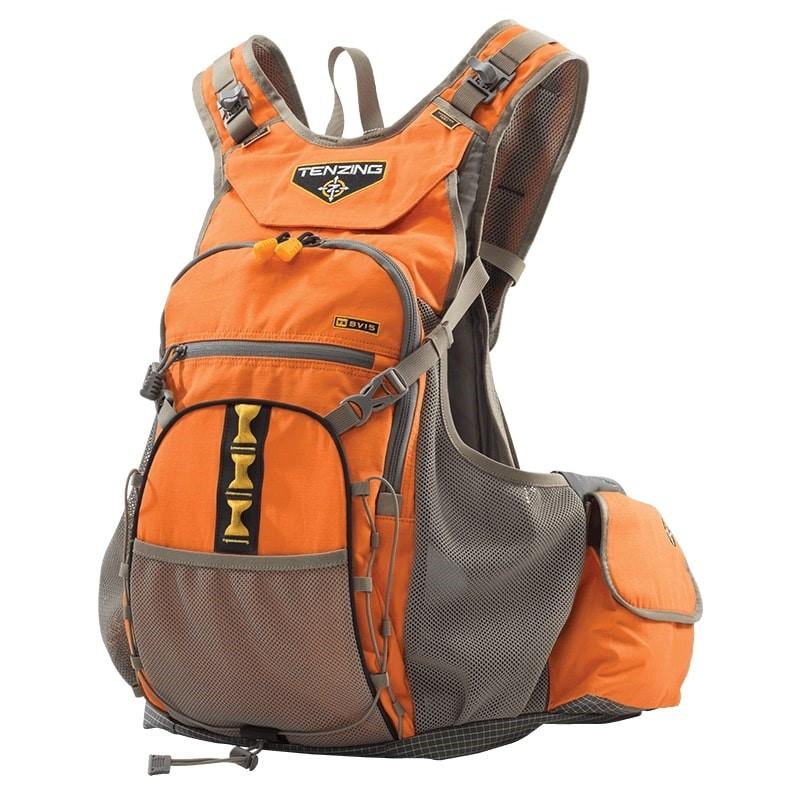 Chattanooga Tenzing TZ BV16 Bird Vest in blaze orange, size M/LG, featuring durable, comfortable upland vest with backpack attachment.