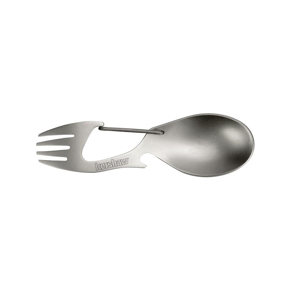 Chattanooga Kershaw Ration camping spoon and fork multi-tool made of stainless steel, portable utensils for outdoor dining.