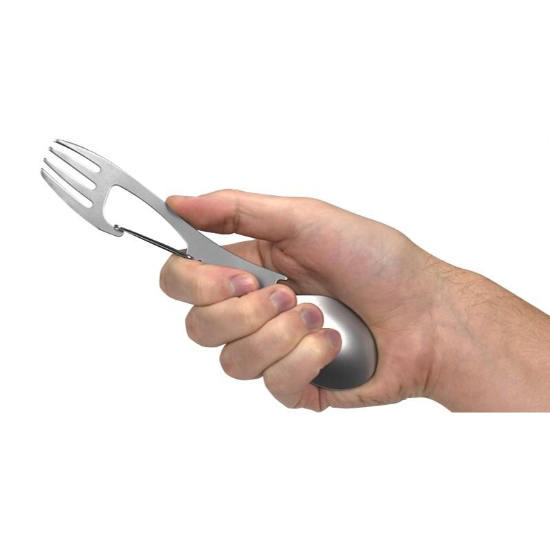 Chattanooga Kershaw Ration XL stainless steel multi-tool eating utensil, portable tableware with knife, fork, and spoon functions.