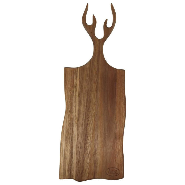 Chattanooga LEM Products antler-shaped acacia wood cheese and charcuterie serving tray with natural wood grain and carved antler design.
