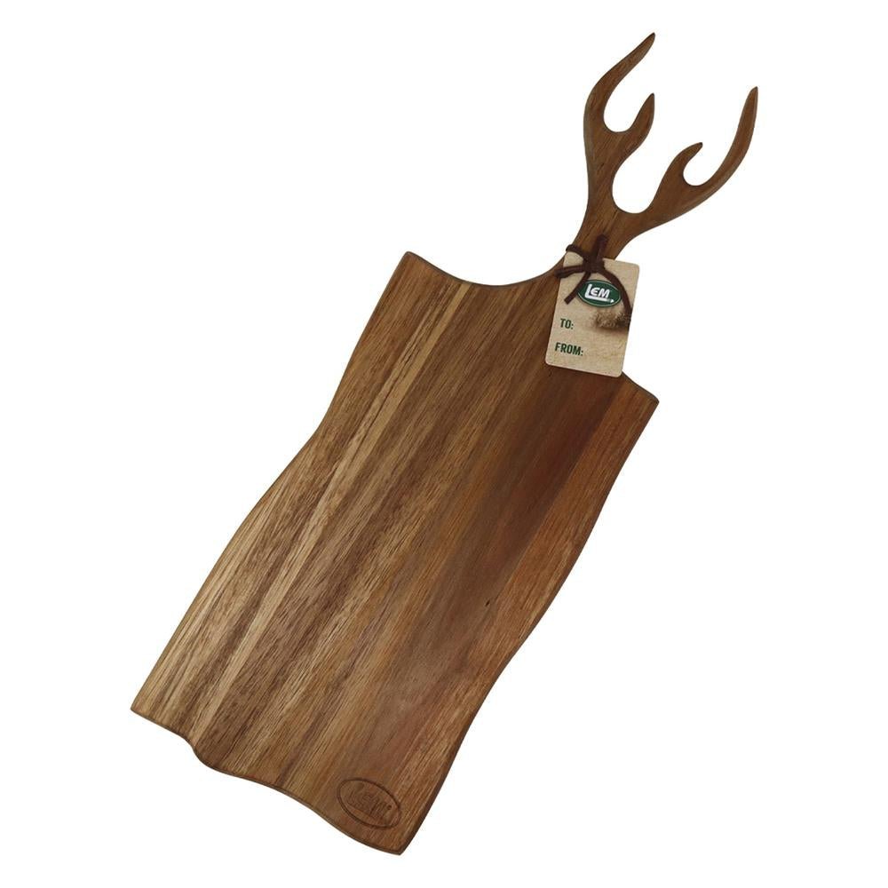 Chattanooga LEM Products antler-shaped acacia wood cheese and charcuterie serving tray with natural wood grain details.