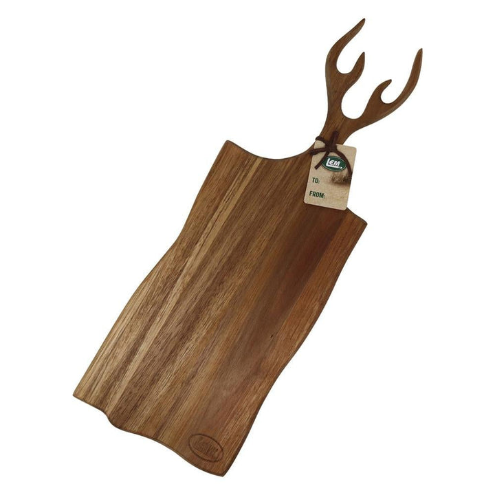 Chattanooga LEM Products antler-shaped acacia wood cheese and charcuterie serving tray with natural wood grain details.