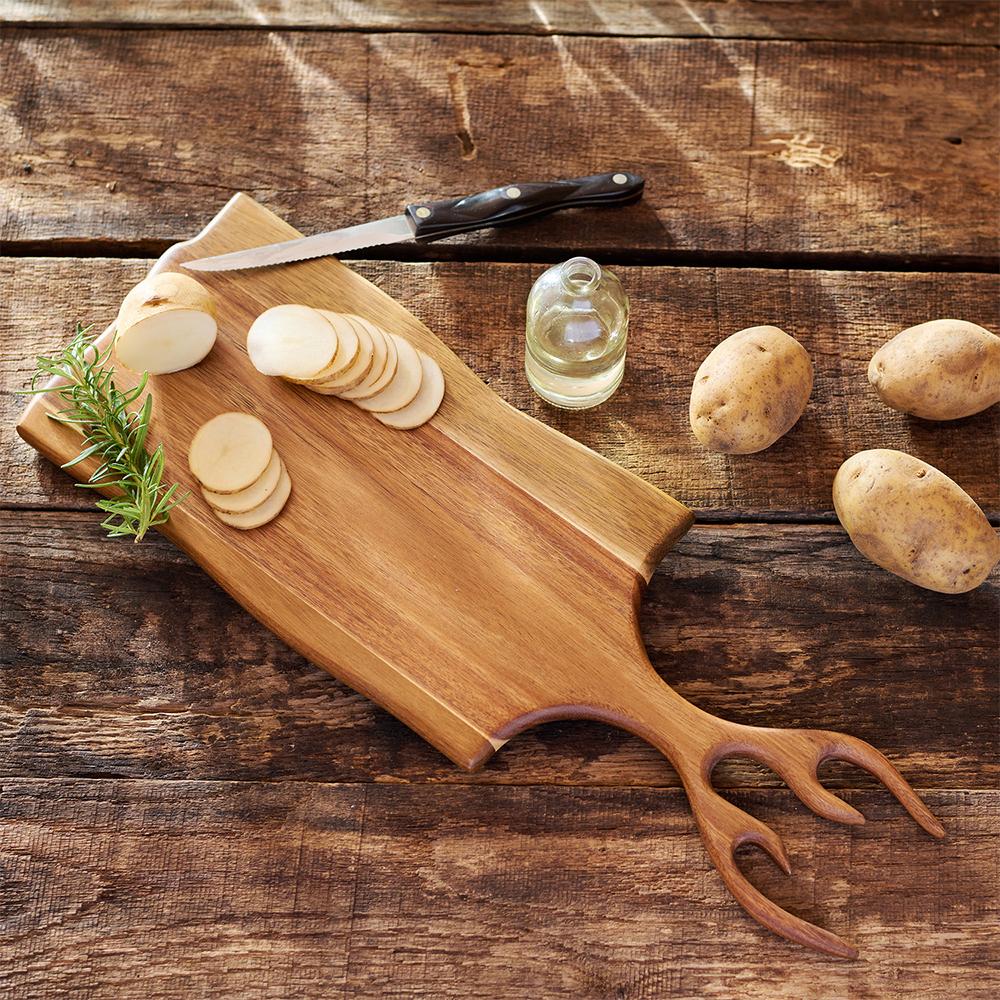 Chattanooga LEM Products antler-shaped acacia wood cheese and charcuterie serving tray with natural wood grain and carved details.