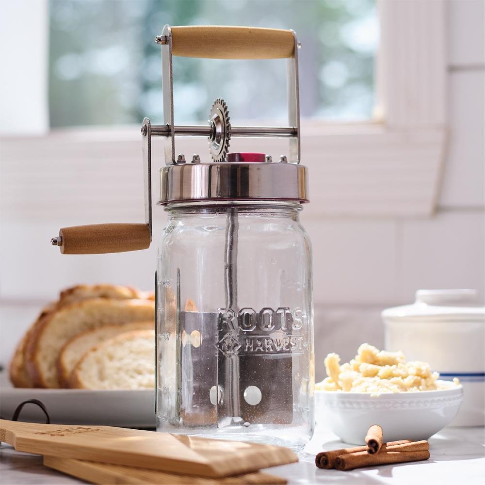 Chattanooga LEM Products glass jar butter churner with handle for making homemade creamy butter, utensil for dairy processing.