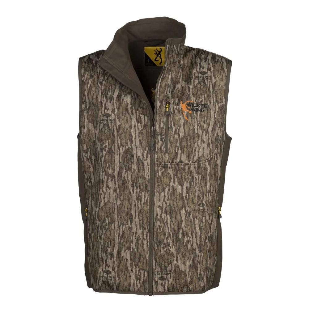 Chattanooga Browning Field Pro vest in Mossy Oak Bottomland camouflage, lightweight, durable, and breathable for outdoor activities.