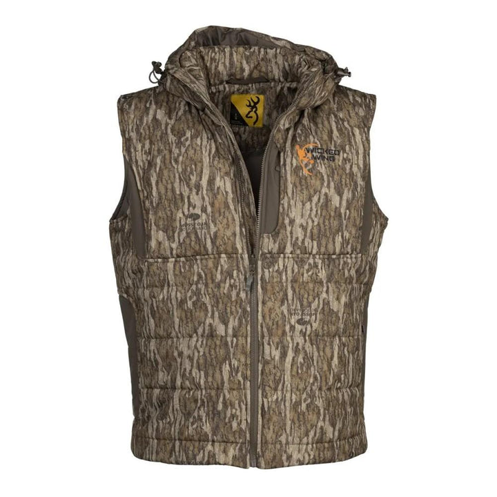 Chattanooga Browning insulated vest in Mossy Oak Bottomland camouflage, lightweight, warm, and comfortable for outdoor activities.