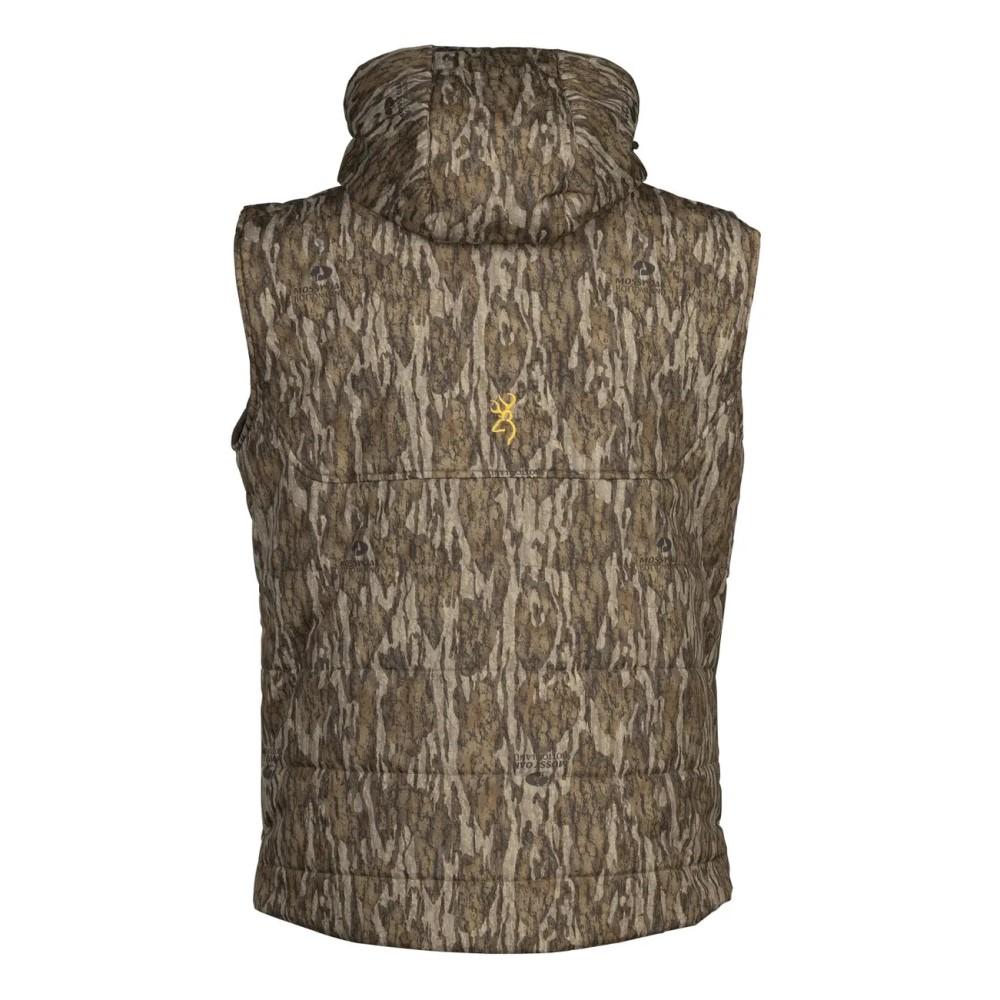 Chattanooga Browning insulated vest in Mossy Oak Bottomland camo, lightweight, warm, and comfortable for outdoor activities.