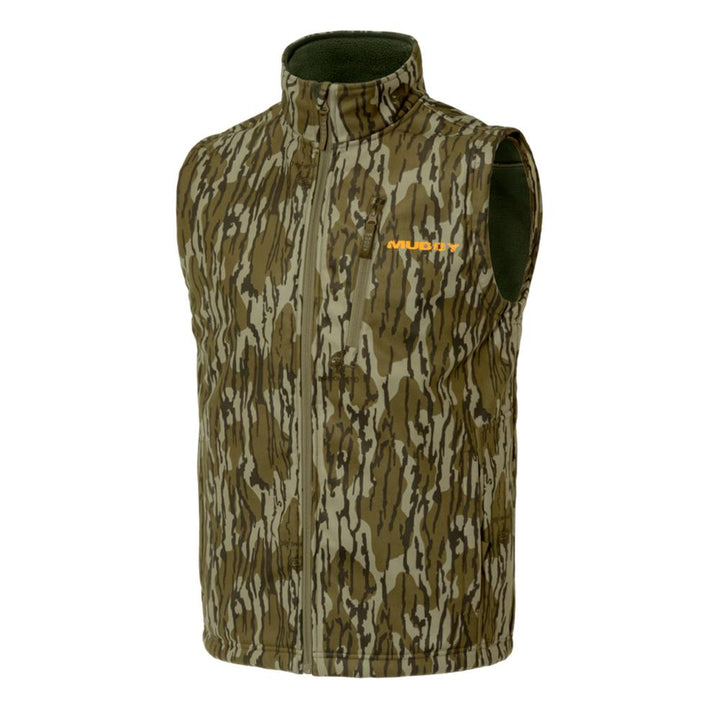 Chattanooga Muddy TRX softshell vest in Mossy Oak Bottomland camo, 2XL, shown on a hanger with front view.
