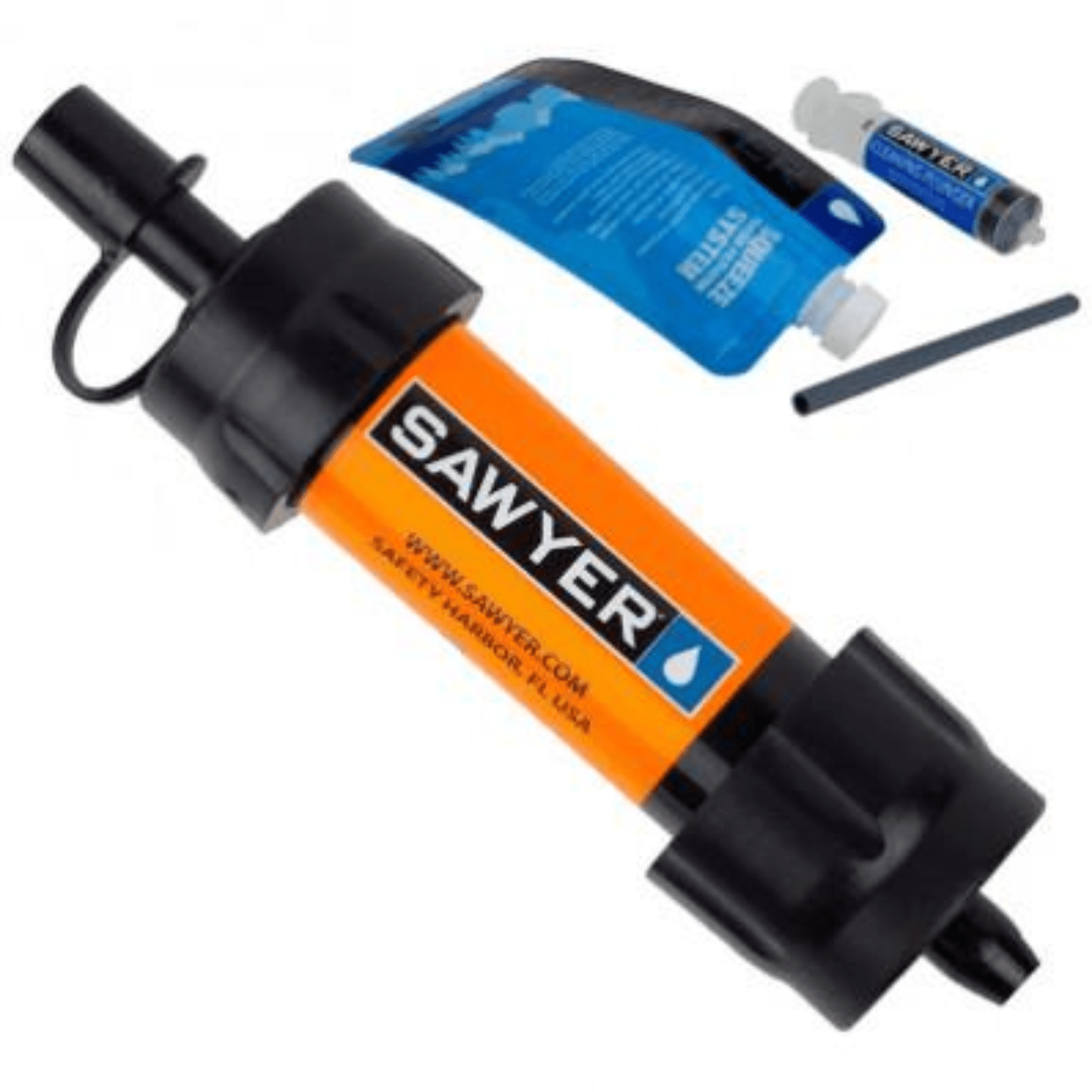 Chattanooga Sawyer SP103 Mini Water Filtration System in orange for portable water filtration, showing the compact filter device.
