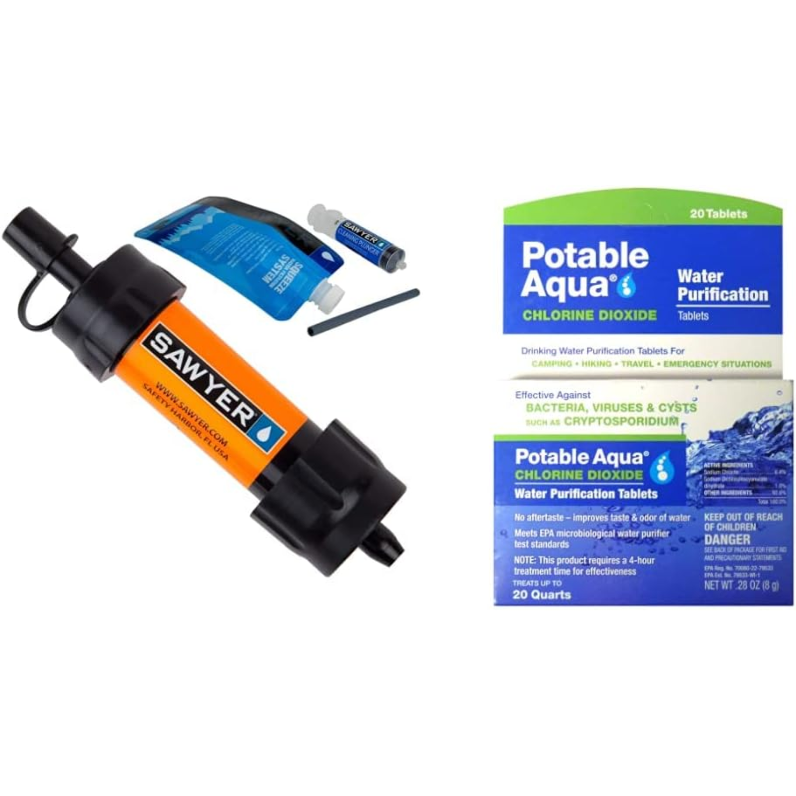 Chattanooga Sawyer SP103 Mini Water Filtration System in orange, compact portable filter for clean drinking water.