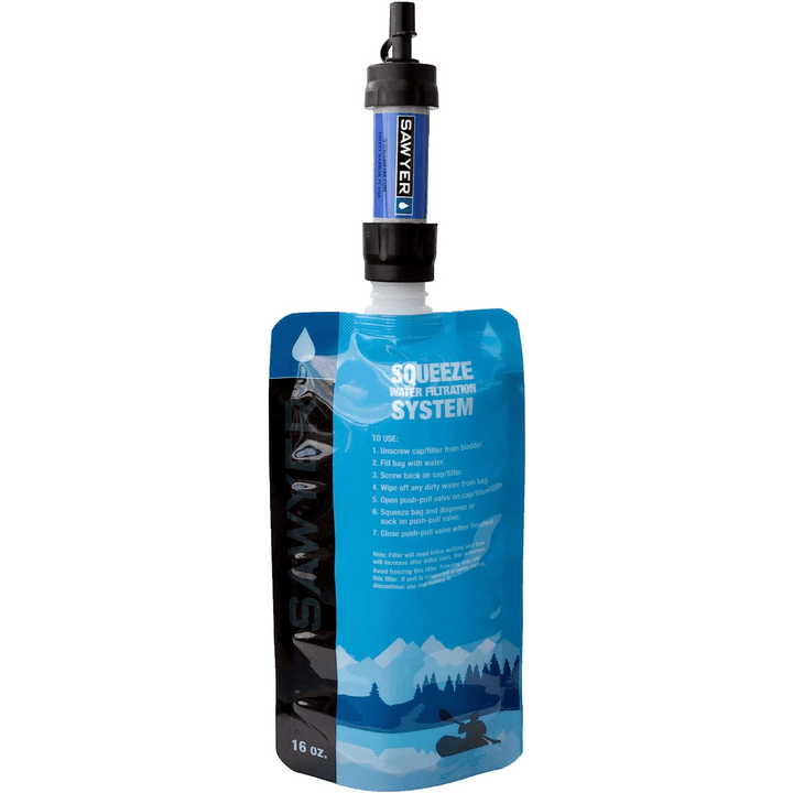 Chattanooga Sawyer SP128 Mini Water Filtration System in blue, compact portable water filter for outdoor use.