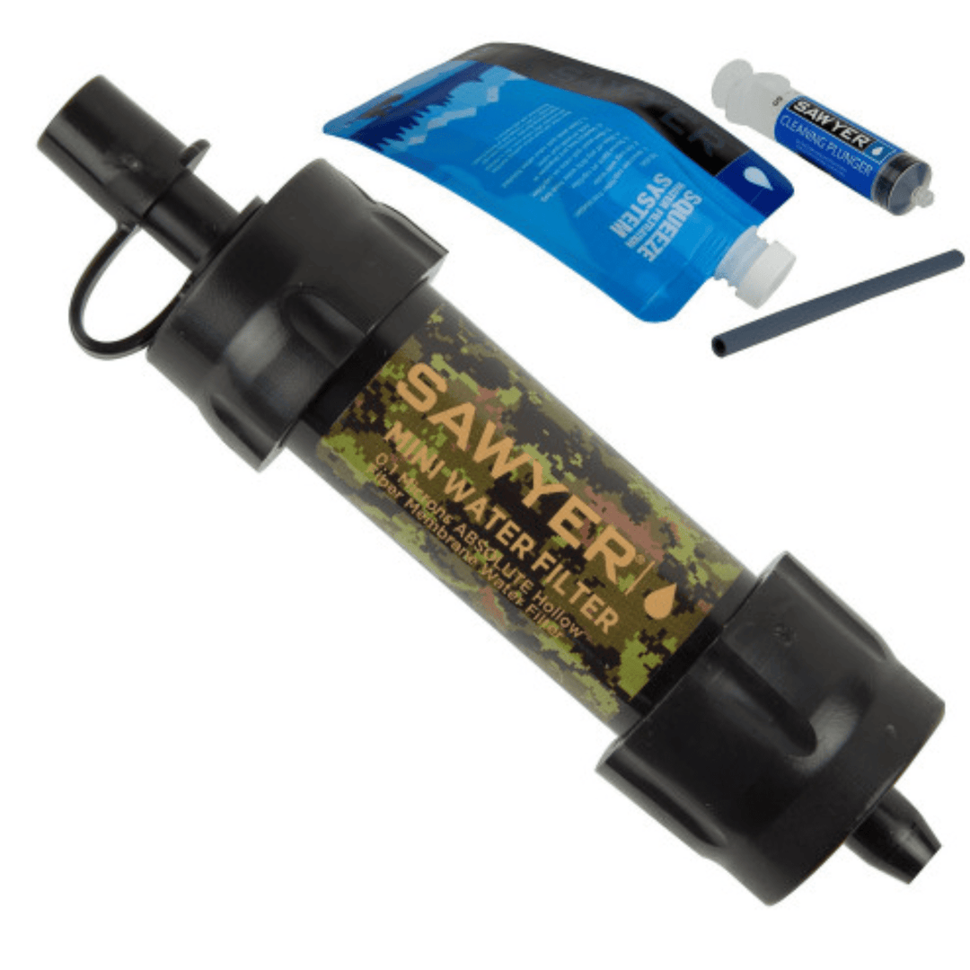 Chattanooga Sawyer SP 107 Mini Water Filtration System in camouflage, compact water filter for outdoor use and emergency preparedness.