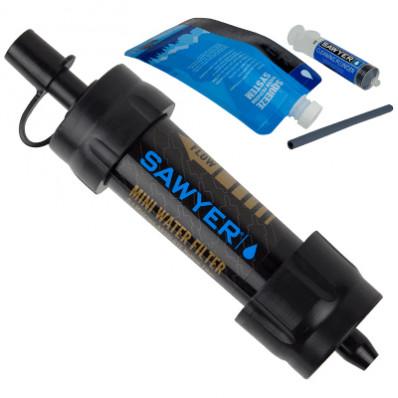 Chattanooga Sawyer MINI water filtration system in black, portable survival water filter for hiking and outdoor water treatment