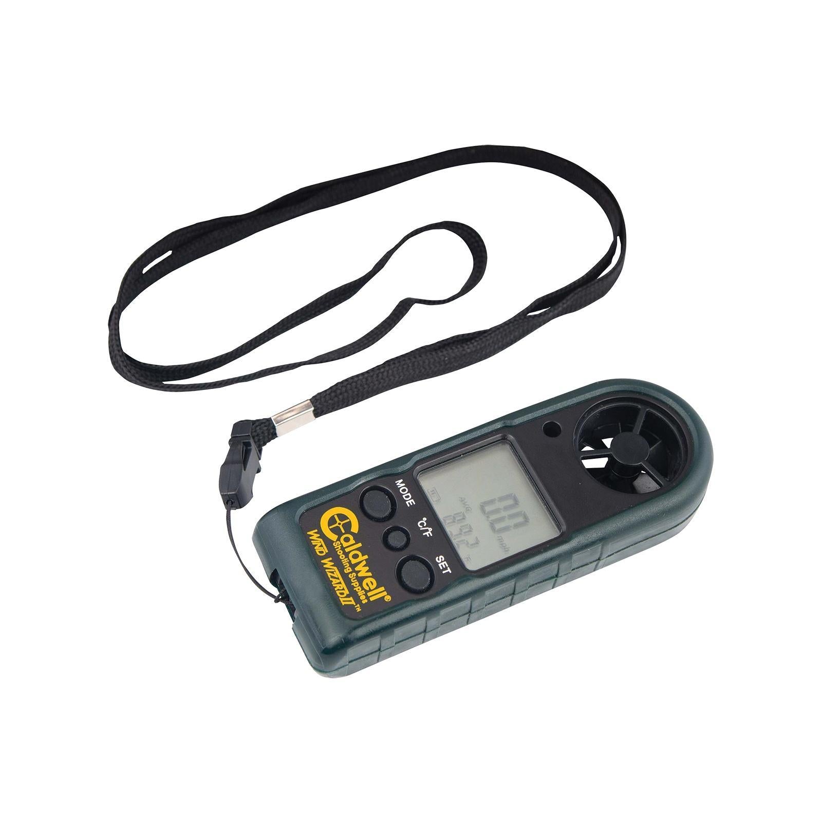Chattanooga Caldwell Wind Wizard portable weather meter showing wind speed and temperature display in a compact handheld device.
