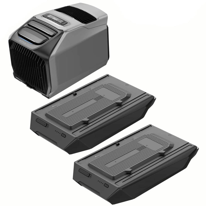EcoFlow WAVE 3 portable air conditioner with two 1024Wh batteries, compact design, and control panel visible in the image.