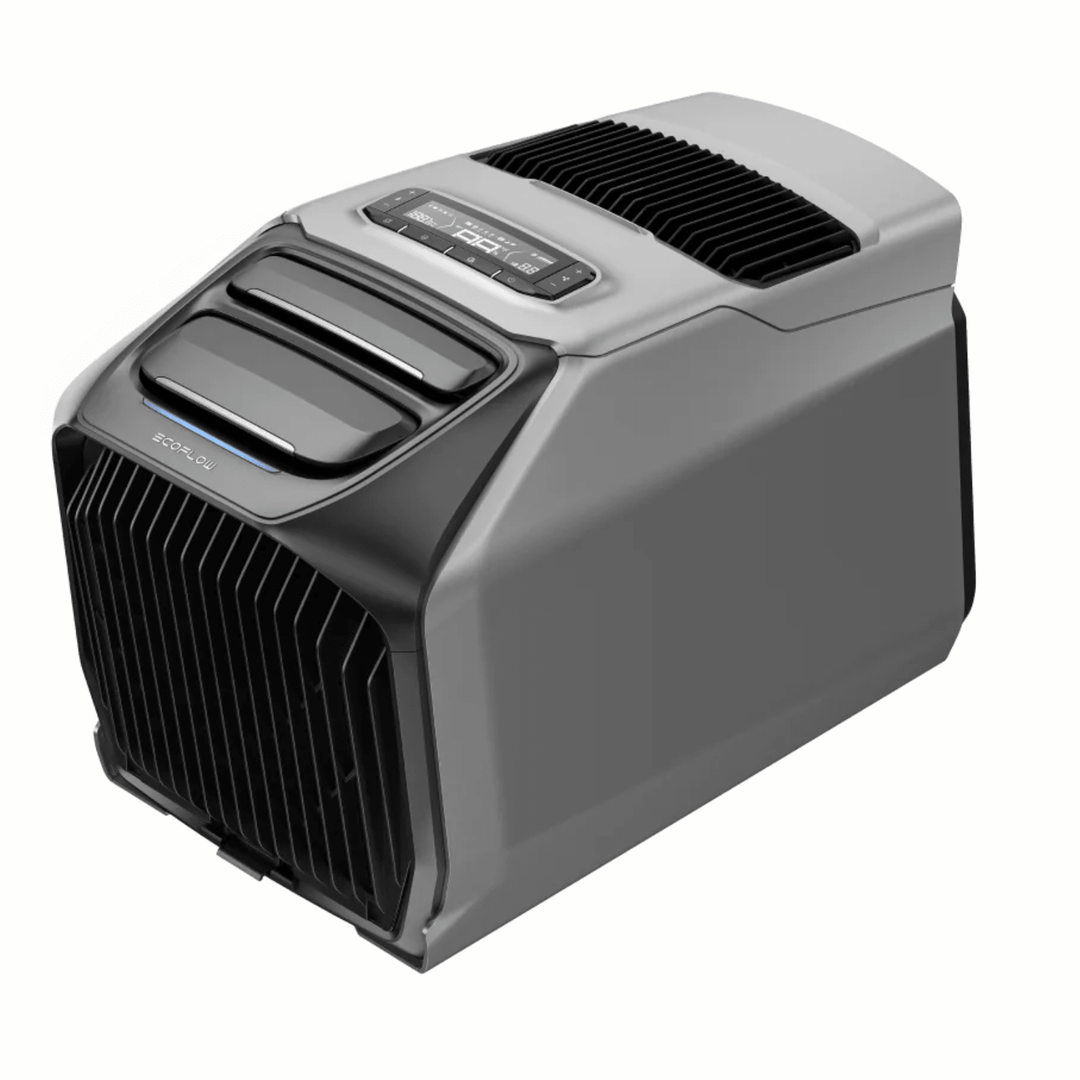 EcoFlow WAVE 3 portable air conditioner with digital controls, cooling and heating functions, and an add-on battery in a modern design.