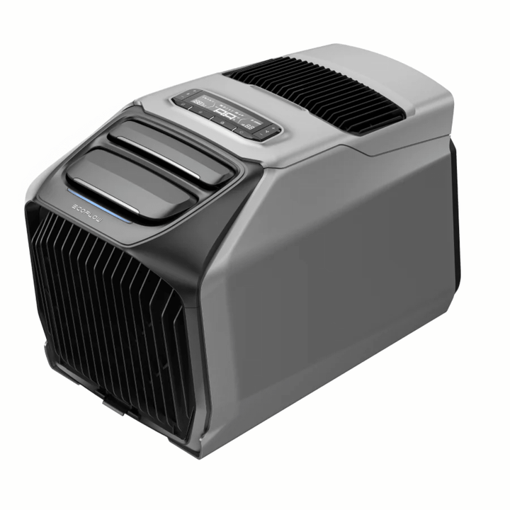 EcoFlow WAVE 3 portable air conditioner with digital controls, cooling and heating functions, and an add-on battery in a modern design.