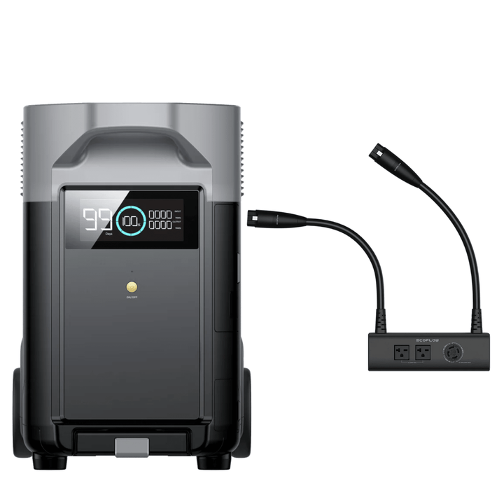 EcoFlow Delta Pro extra battery with double voltage hub, 3600Wh capacity, shown connected with the power system.