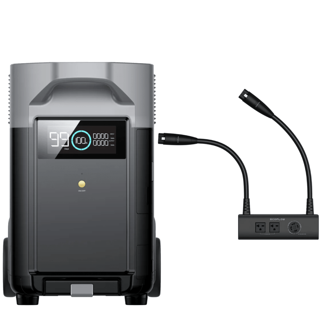 EcoFlow Delta Pro extra 3600Wh battery with double voltage hub, showing the battery and connection ports.