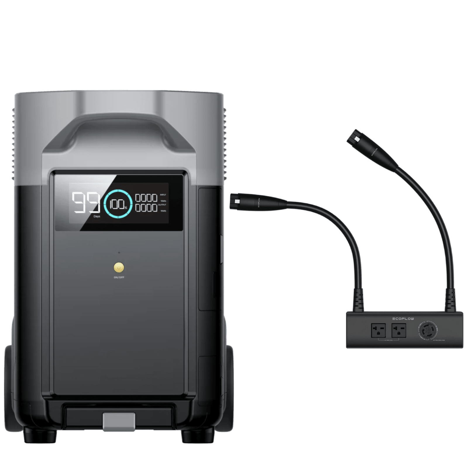 EcoFlow Delta Pro extra 3600Wh battery with double voltage hub, showing the battery and connection ports.