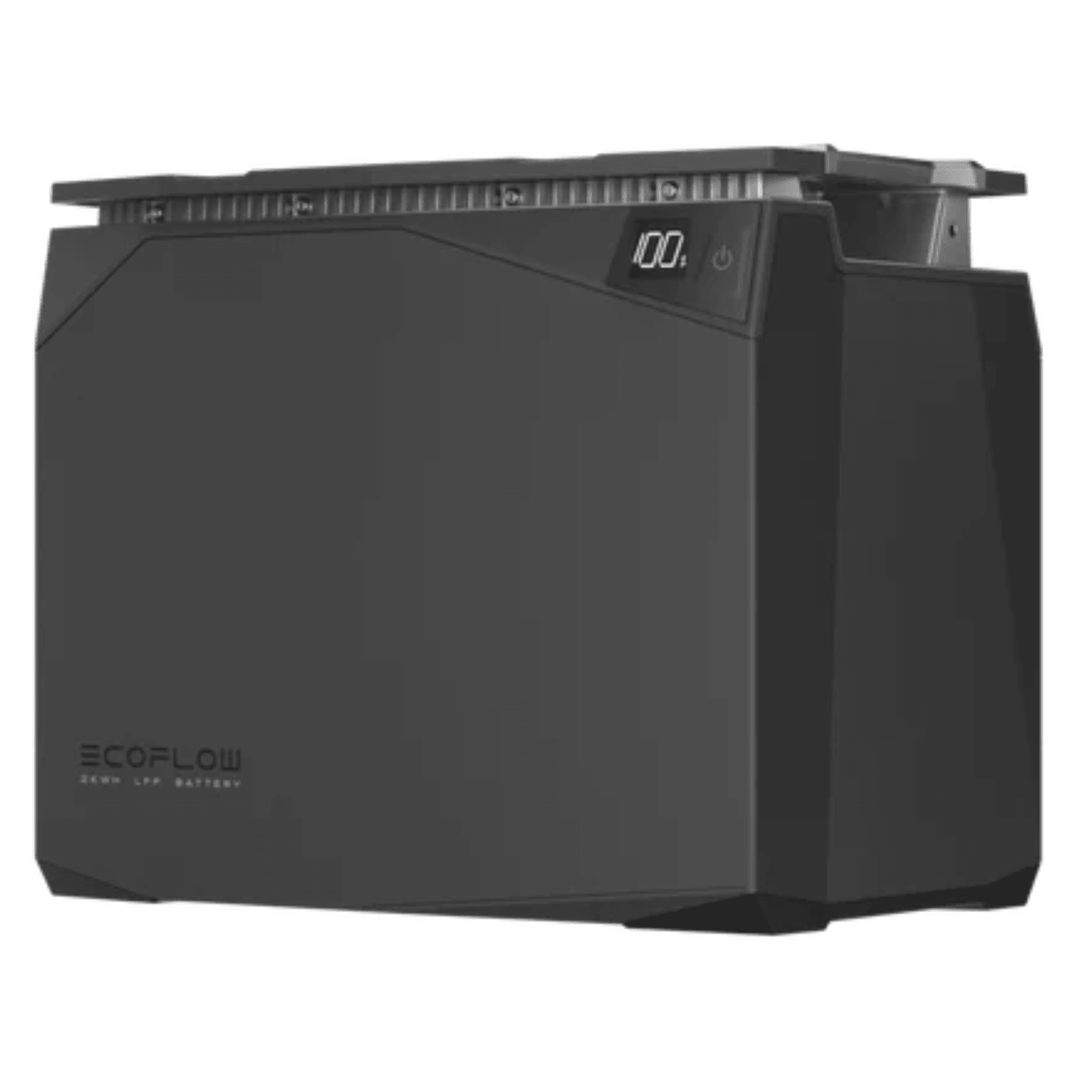 EcoFlow 2KWh LFP battery for portable power, showing the compact battery unit with brand logo and safety labels.
