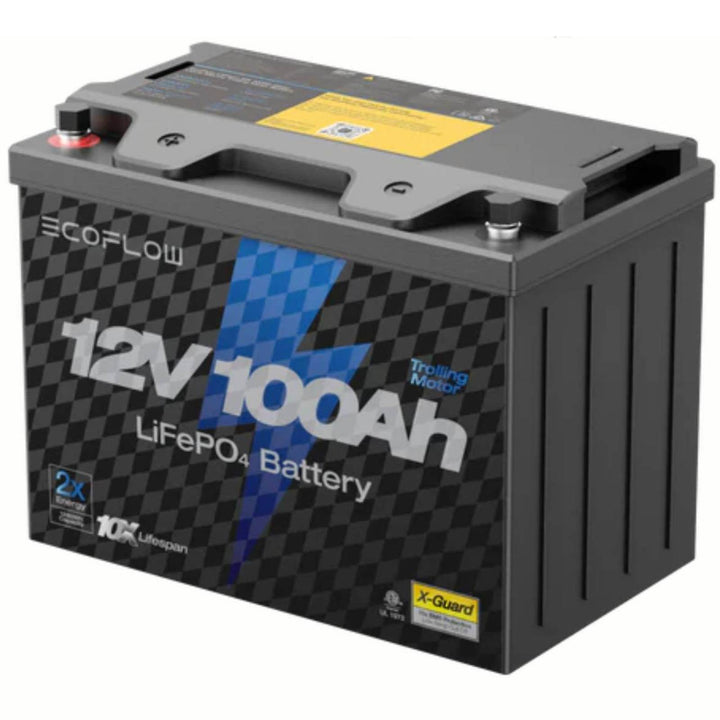 EcoFlow Lithium 12V 100Ah deep cycle marine trolling motor battery with 1280Wh capacity, shown in a set of three.