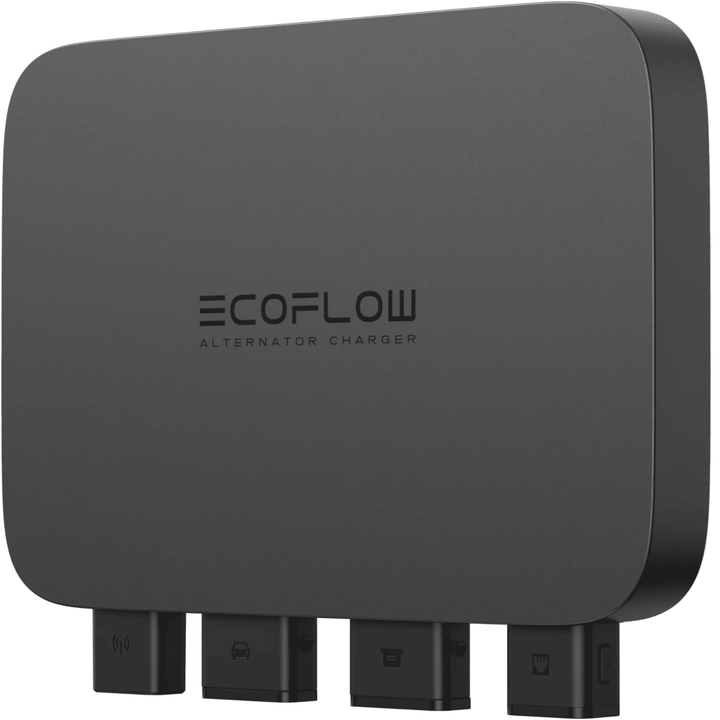 EcoFlow 800W 3-in-1 fast DC-DC alternator charger for power stations, showing the compact charger device with connection ports.