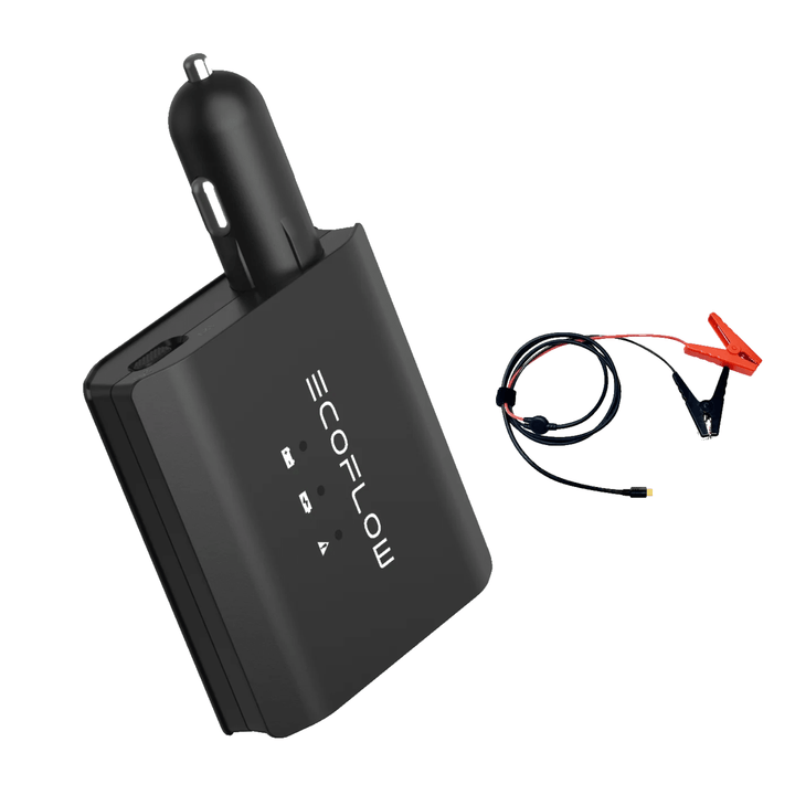 EcoFlow Smart Auto Battery Charger for cars and devices, portable black charger with connection cables and control buttons.