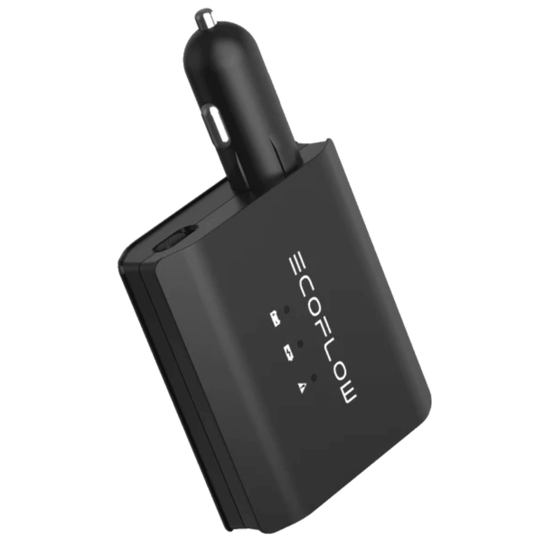 EcoFlow Smart Auto Battery Charger portable for cars and devices, compact design with charging cables and LED display.