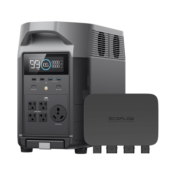 EcoFlow DELTA Pro portable power station with 800W alternator charger, 3600Wh capacity for backup power and outdoor use.