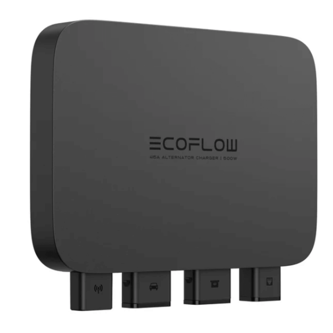 EcoFlow 500W DC Alternator Charger for vehicles, portable power station with fast charging capability.