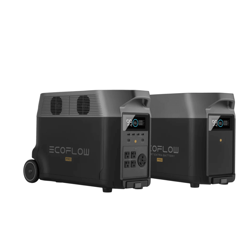 EcoFlow Delta Pro portable power station with two extra batteries, providing a powerful 7200W backup energy solution.