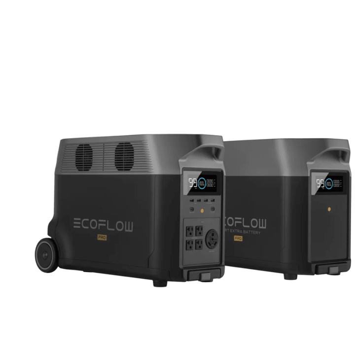 EcoFlow Delta Pro portable power station with two extra batteries, providing a powerful 7200W backup energy solution.