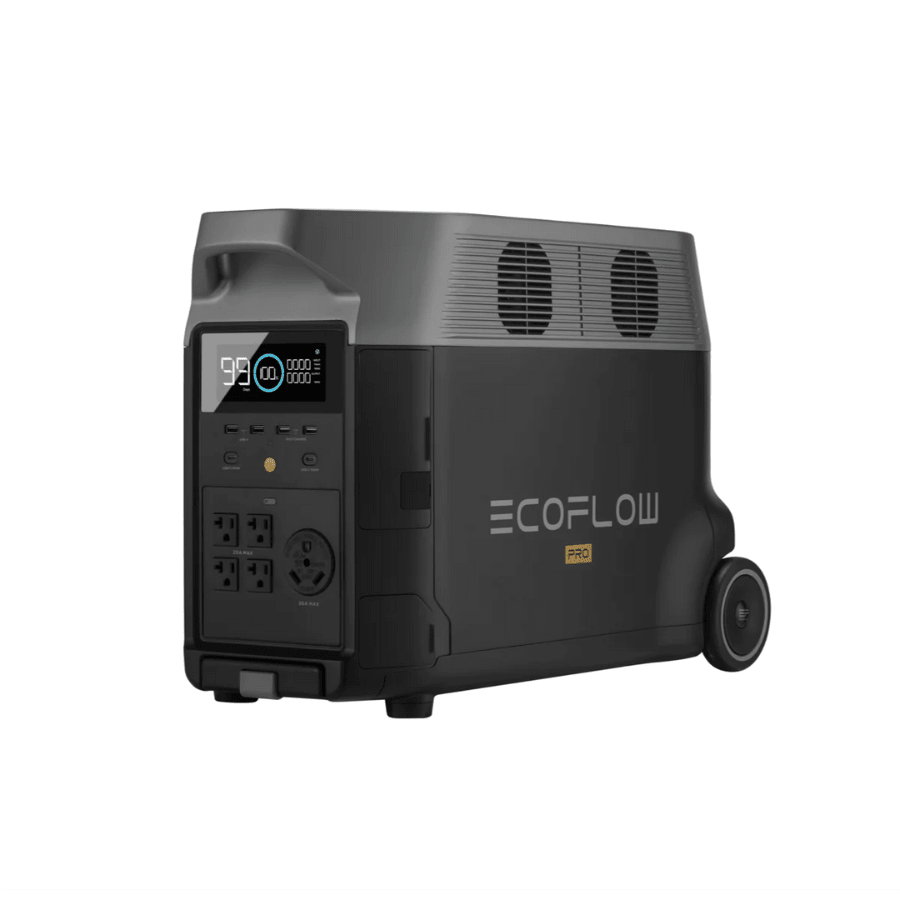 EcoFlow Delta Pro portable power station with two extra batteries, providing a powerful 7200W backup energy solution.