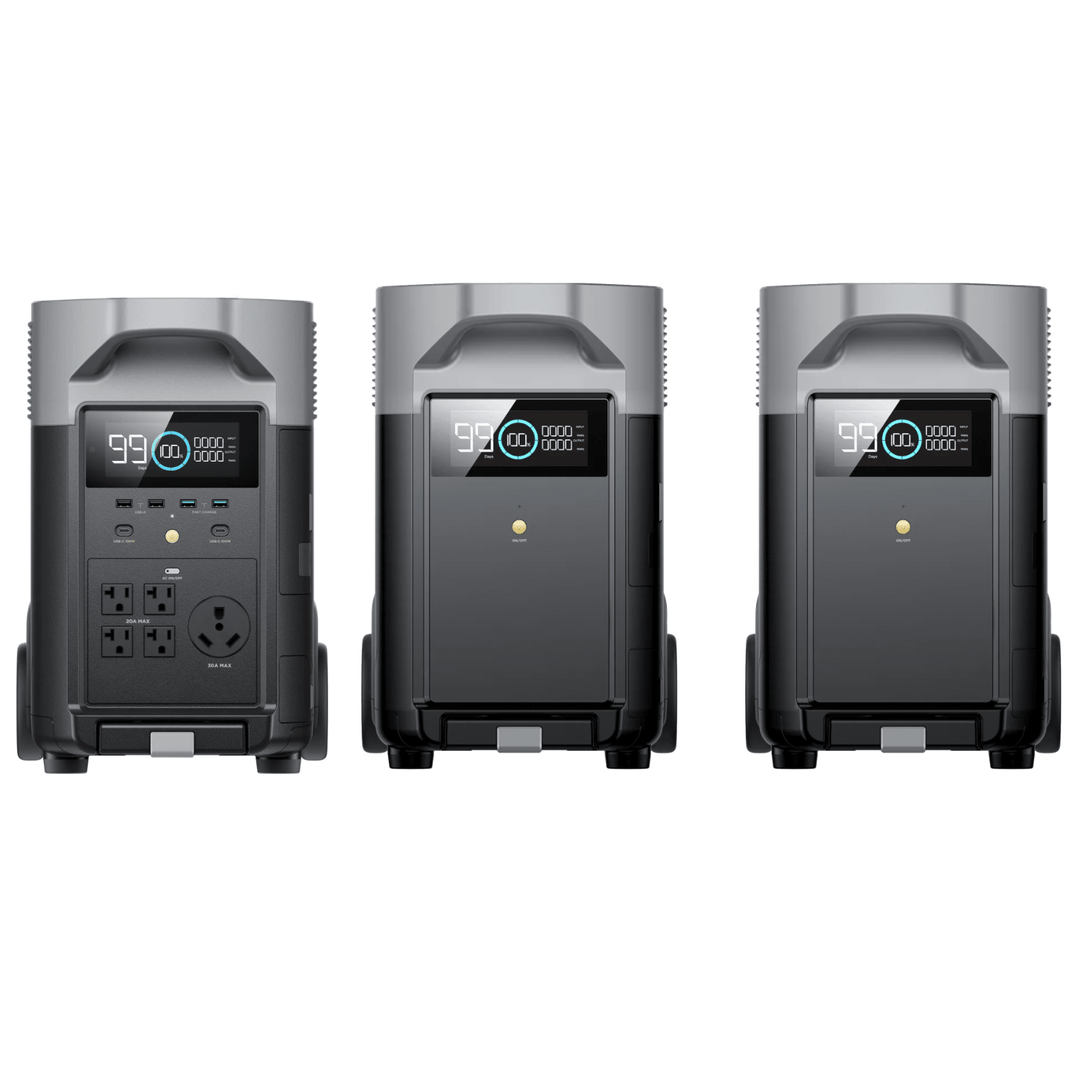 EcoFlow Delta Pro with two extra batteries, 7200W backup power solution, portable eco-friendly energy storage device