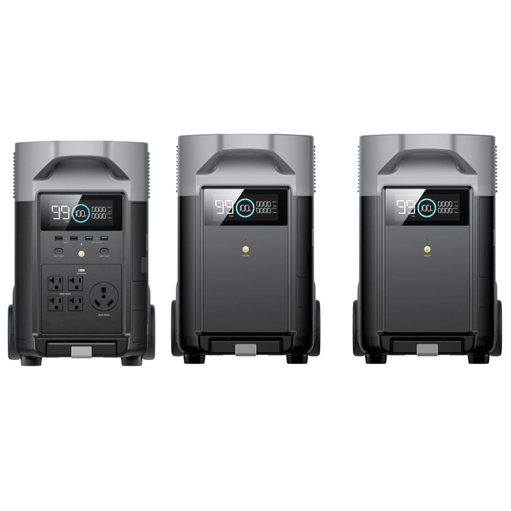 EcoFlow Delta Pro with two extra batteries, 7200W backup power solution, portable eco-friendly energy storage device
