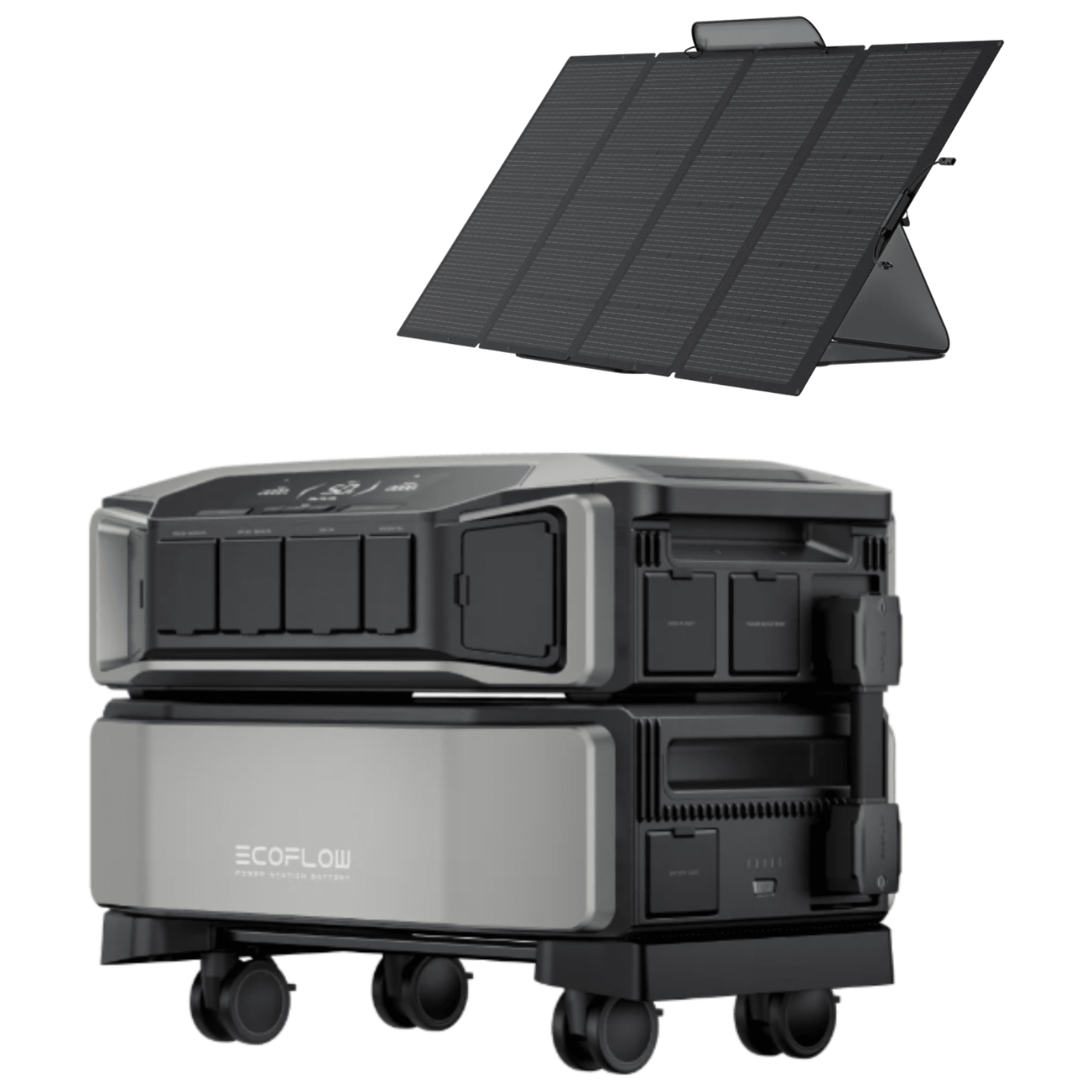EcoFlow DELTA Pro Ultra inverter with battery and 400W solar panel for portable renewable energy storage and power generation.