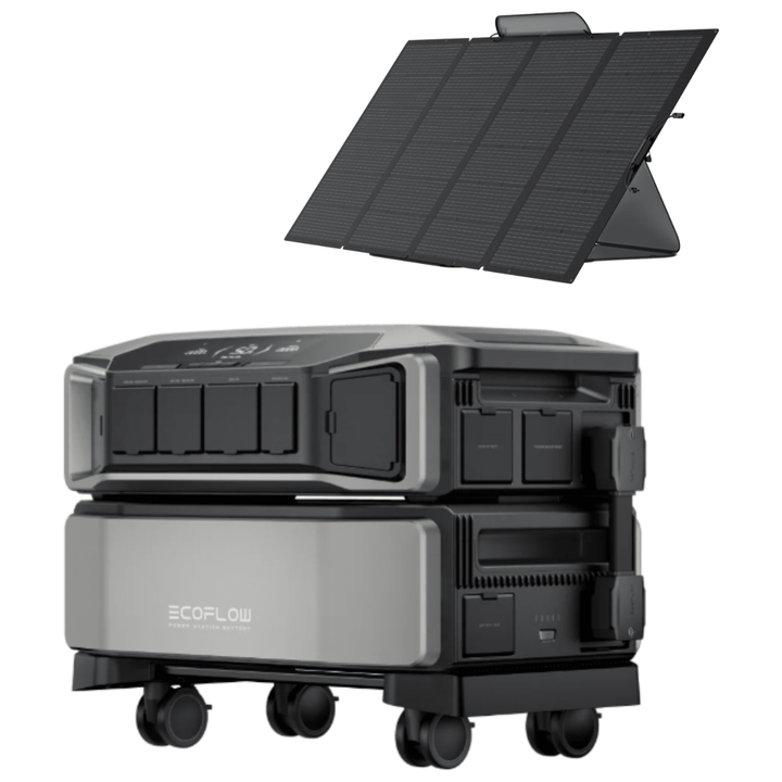 EcoFlow DELTA Pro Ultra inverter with battery and 400W solar panel for portable renewable energy storage and power generation.