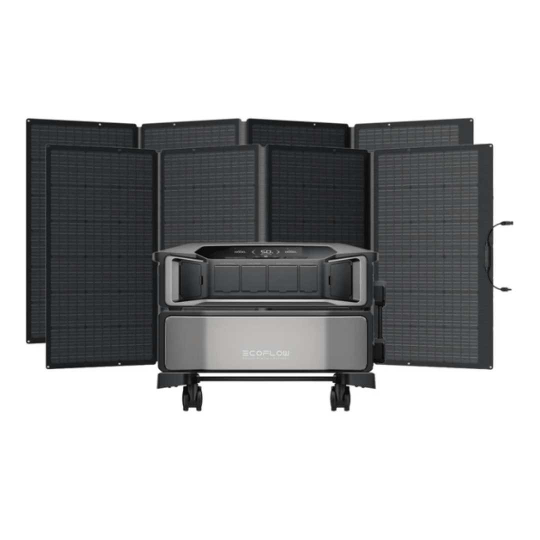 EcoFlow Delta Pro Ultra inverter with one battery and two 400W portable solar panels for off-grid power.