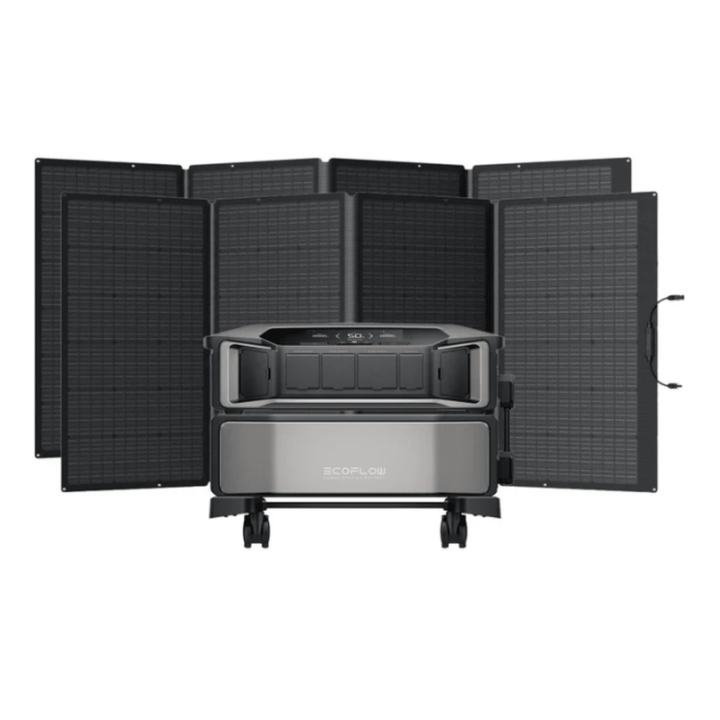 EcoFlow Delta Pro Ultra inverter with one battery and two 400W portable solar panels for off-grid power.