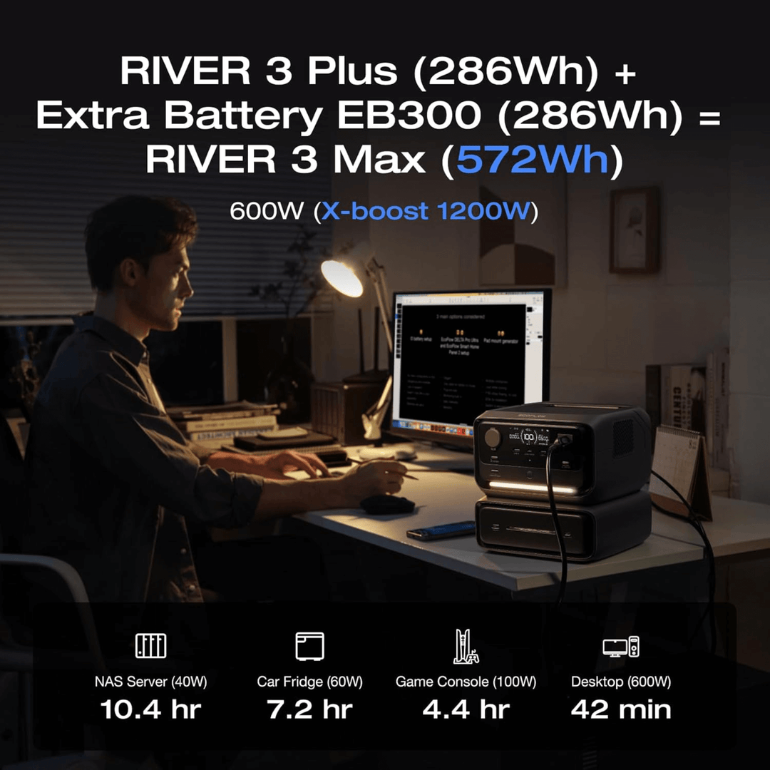 EcoFlow RIVER 3 Plus Extra Battery EB600 572Wh LiFePO4 power supply, showing the portable, compact battery unit for backup power.