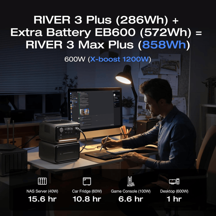 EcoFlow RIVER 3 Plus portable power station with a 600Wh extra battery, showing the compact, black battery unit with EcoFlow branding.