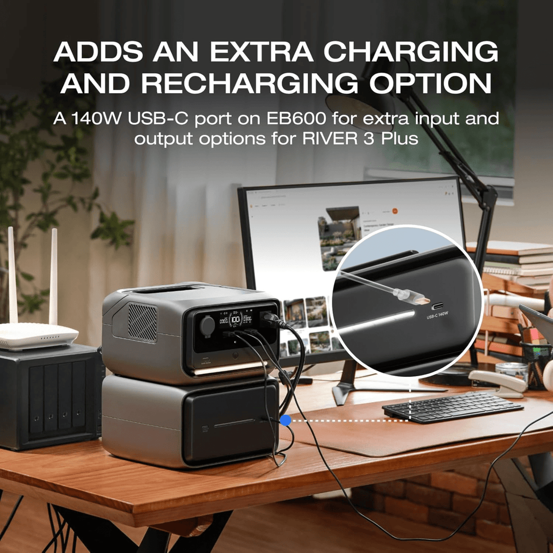 EcoFlow RIVER 3 Plus portable power station with an additional 600Wh extra battery, compact and portable for outdoor use.