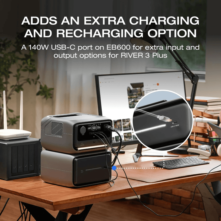 EcoFlow RIVER 3 Plus portable power station with an additional 600Wh extra battery, compact and portable for outdoor use.
