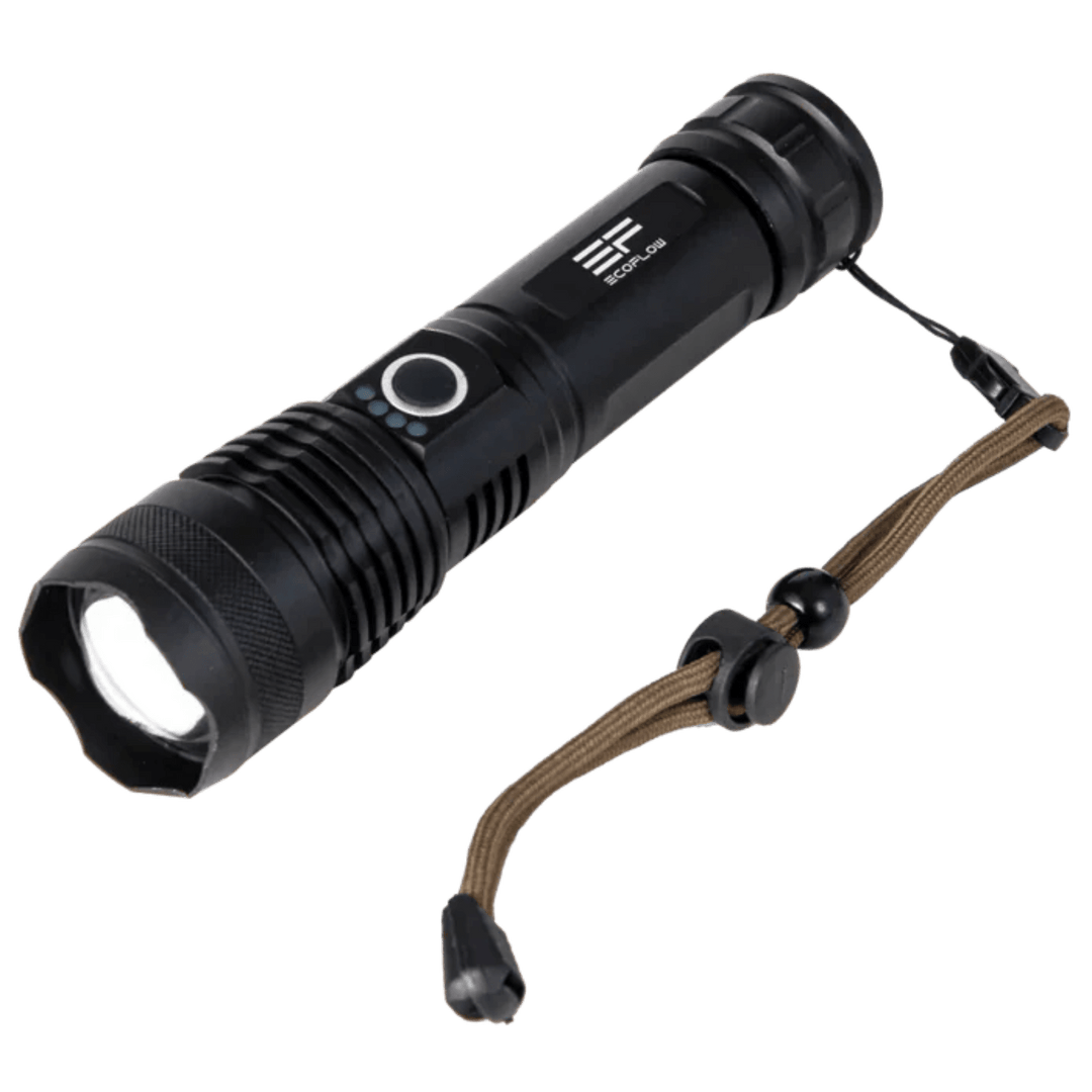 EcoFlow high brightness portable LED flashlight for outdoor use, showing a compact, durable tool with a bright beam in a dark setting.