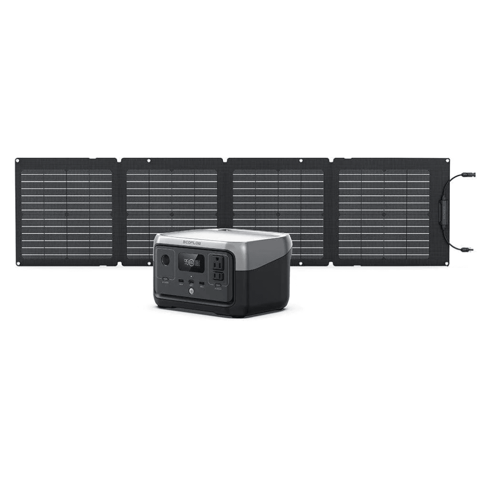 EcoFlow RIVER 2 portable generator with a 110W solar panel, durable design, and 256Wh capacity for outdoor power needs.